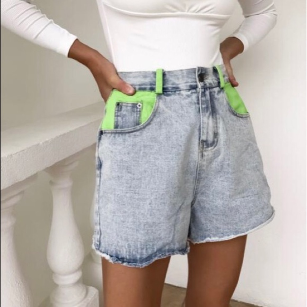 Lime green accent denim shorts